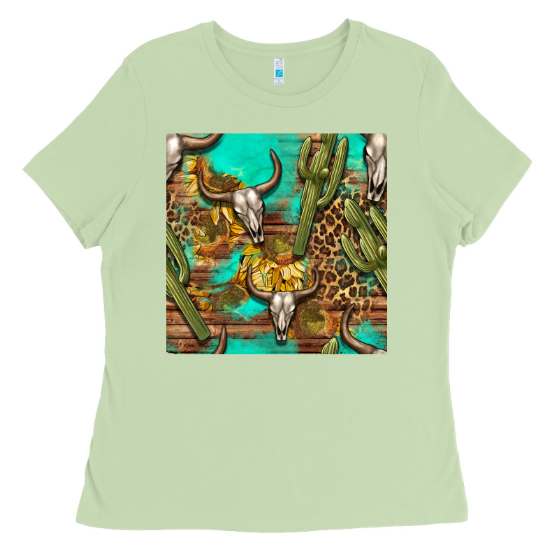 Western Bull Skull And Cactus Seamless Pattern Ladies Tee by BundleAndBundleShop | Teevron