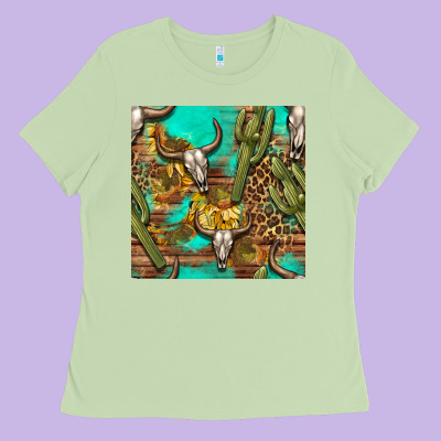 Western Bull Skull And Cactus Seamless Pattern Ladies Tee Designed By Bundleandbundleshop