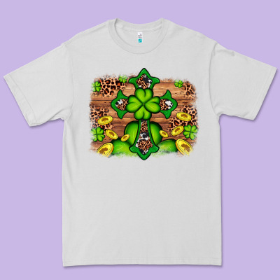 Western Shamrock Cross Leopard Background Premium Tee Designed By Artiststas