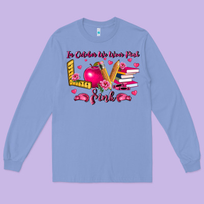 In October We Wear Pink Teacher Long Sleeve Tee Designed By Lillyallendesigns