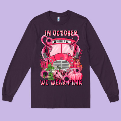 In October We Wear Pink Halloween School Bus Long Sleeve Tee Designed By Lillyallendesigns