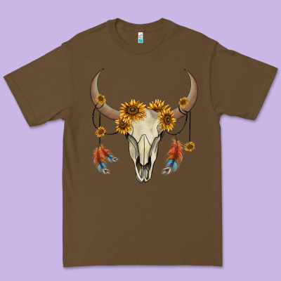 Bull Skull Sunflowers And Feathers Premium Tee Designed By Adodesignshop