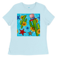 Baby Blue 4th of july cacti seamless pattern Ladies Tee - BundleAndBundleShop