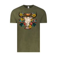 Vintage Olive aztec western bull skull Vintage Tee - NancyCooperArtShop