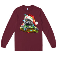 Burgundy christmas scottish fold cat Long Sleeve Tee - LillyAllenDesigns