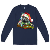 Navy christmas scottish fold cat Long Sleeve Tee - LillyAllenDesigns