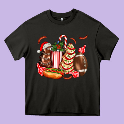 Christmas Tree Cake American Football  Ball And Hot Dogs Ado Heavy Core Tee Designed By Adodesignshop