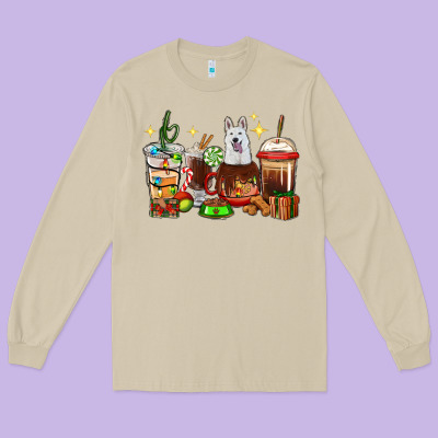 Christmas Coffee Cups With White Shepherd Long Sleeve Tee Designed By Ranaportraitstore