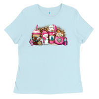 Baby Blue pink Christmas winter snowman coffee Ladies Tee - Jasminsmagicworld