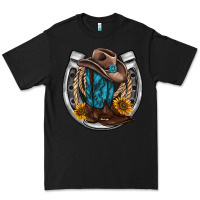Black western horseshoe boots hat rope sunflower Premium Tee - AdoDesignShop