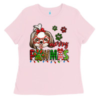 Bubblegum Pink merry pawmas christmas shih tzu Ladies Tee - Jasminsmagicworld