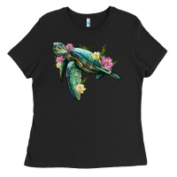 Black sea turtle with lotus Ladies Tee - Artiststas