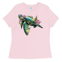 Bubblegum Pink sea turtle with lotus Ladies Tee - Artiststas