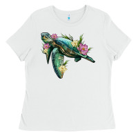 White sea turtle with lotus Ladies Tee - Artiststas