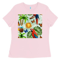 Bubblegum Pink parrot in the sun seamless pattern Ladies Tee - BundleAndBundleShop