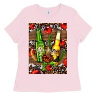Bubblegum Pink beer bottles with wheat and barley Ladies Tee - AdoDesignShop