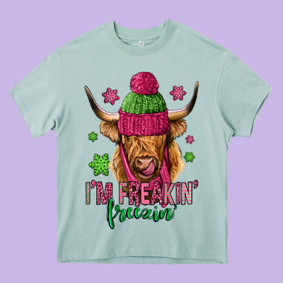 I'm Freakin Freezin Pink Christmas Long Haired Cow Heavy Core Tee Designed By Jasminsmagicworld