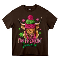 Chocolate Brown i'm freakin freezin pink christmas long haired cow Heavy Core Tee - Jasminsmagicworld
