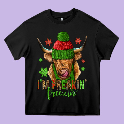 I'm Freakin Freezin Christmas Long Haired Cow Heavy Core Tee Designed By Jasminsmagicworld
