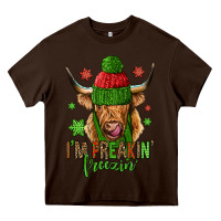 Chocolate Brown i'm freakin freezin christmas long haired cow Heavy Core Tee - Jasminsmagicworld