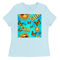 Baby Blue sun with butterfly seamless pattern Ladies Tee - BundleAndBundleShop