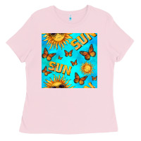 Bubblegum Pink sun with butterfly seamless pattern Ladies Tee - BundleAndBundleShop