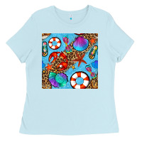 Baby Blue summer with leopard seamless pattern Ladies Tee - BundleAndBundleShop
