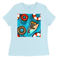 Baby Blue koala at the pool seamless pattern Ladies Tee - BundleAndBundleShop