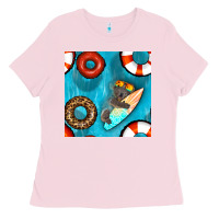 Bubblegum Pink koala at the pool seamless pattern Ladies Tee - BundleAndBundleShop