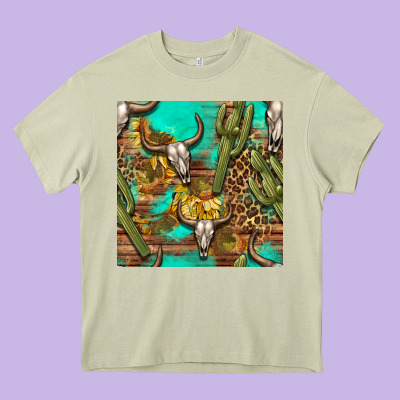 Western Bull Skull And Cactus Seamless Pattern Heavy Core Tee Designed By Bundleandbundleshop
