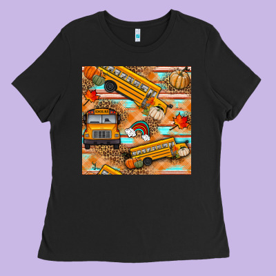 Fall School Bus Seamless Pattern Ladies Tee Designed By Bundleandbundleshop