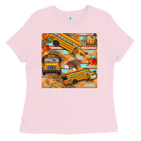 Bubblegum Pink fall school bus seamless pattern Ladies Tee - BundleAndBundleShop