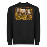 Black simmental bull and heifer with sunflowers Heavyweight Sweatshirt - LillyAllenDesigns