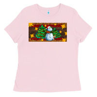 Bubblegum Pink christmas tree with snowman Ladies Tee - AdoDesignShop
