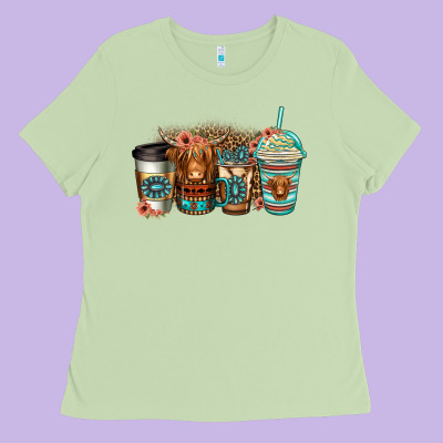 Serape Floral Longhaired Cow Coffee Cups Ladies Tee Designed By Jasminsmagicworld