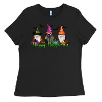 Black Happy Halloween Gnome Pumpkin Ladies Tee - RanaPortraitStore