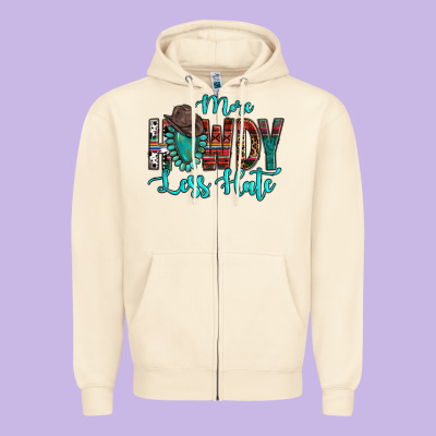 Western More Howdy Less Hate Cowboy Hat Gemstone Zipper Hoodie Designed By Howdyjamesfarm