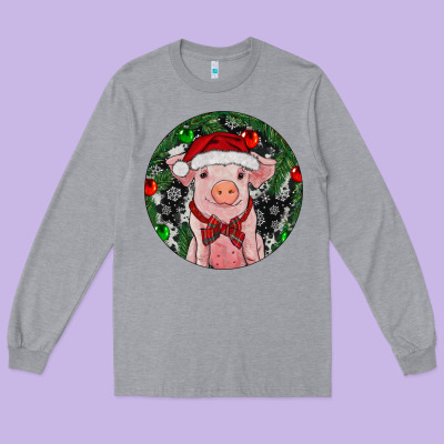 Sitting Pig Christmas Long Sleeve Tee Designed By Ranaportraitstore