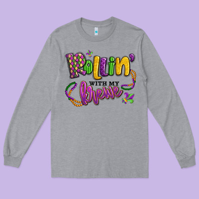 Rollin' With My Krewe Mardi Gras Long Sleeve Tee Designed By Lillyallendesigns