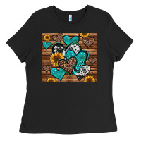 Black turquoise sunflower hearts Ladies Tee - Jasminsmagicworld