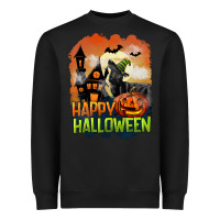 Black Happy Halloween With Black Cat Heavyweight Sweatshirt - LillyAllenDesigns