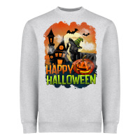 Heather Grey Happy Halloween With Black Cat Heavyweight Sweatshirt - LillyAllenDesigns