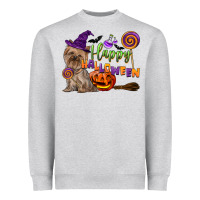 Heather Grey Happy Halloween With Yorkshire Terrier Dog Heavyweight Sweatshirt - LillyAllenDesigns