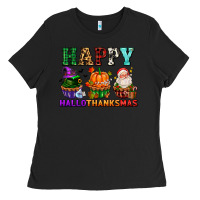 Black happy hallothanksmas with cupcakes Ladies Tee - AdoDesignShop