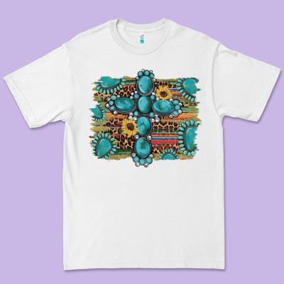 Western Gemstone Cross Sunflowers Serape Leopard Glitter Premium Tee Designed By Artiststas