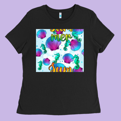 Seahorse And Sea Shell Seamless Pattern Ladies Tee Designed By Bundleandbundleshop