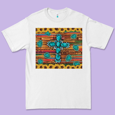 Western Gemstone Cross Sunflowers Leopard Serape Glitter Wooden Tumble Premium Tee Designed By Artiststas