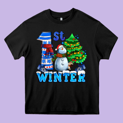 First Winter With Snowman Heavy Core Tee Designed By Adodesignshop