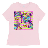 Bubblegum Pink hello summer and beer seamless pattern Ladies Tee - BundleAndBundleShop