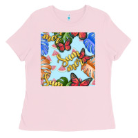 Bubblegum Pink summer and leaf seamless pattern Ladies Tee - BundleAndBundleShop